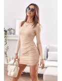 Ribbed dress, gathered on the sides, beige 12649 - Online store - Boutique